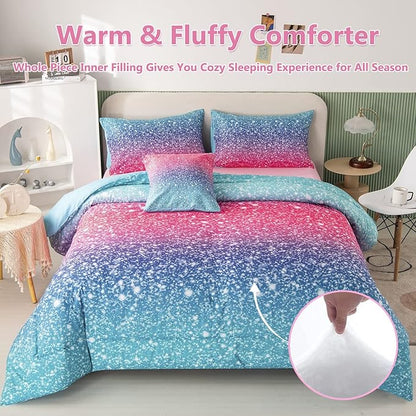 PERFEMET 6Pcs Pink Full Size Comforter Sets for Girls Colorful Rainbow Glitter Kids Bedding Set Sparkly Pastel Ombre Teen Girl Bed in A Bag Comforter Set with Sheets (Pink Blue, Full) - LeafyLoom