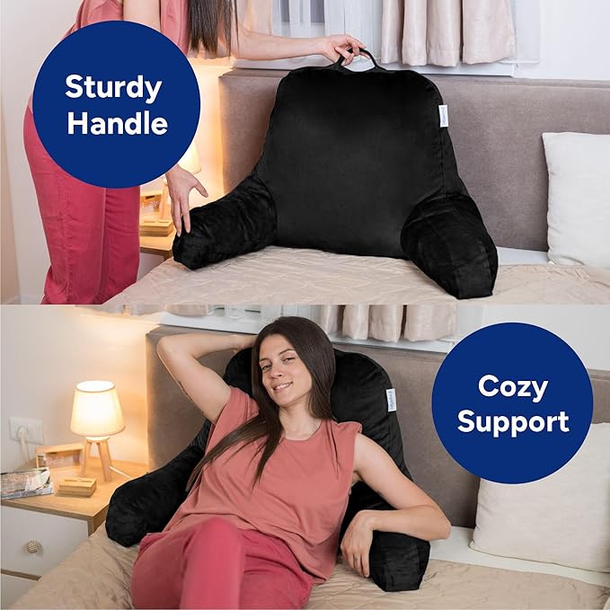 ComfortSpa Reading Pillow for Bed Adult Size, Back Rest Pillow with Arms, Pockets and Washable Cover; Use as Bed Pillows for Sitting Up in Bed for Bedrest or Relief from GERD Heartburn (Black) - LeafyLoom