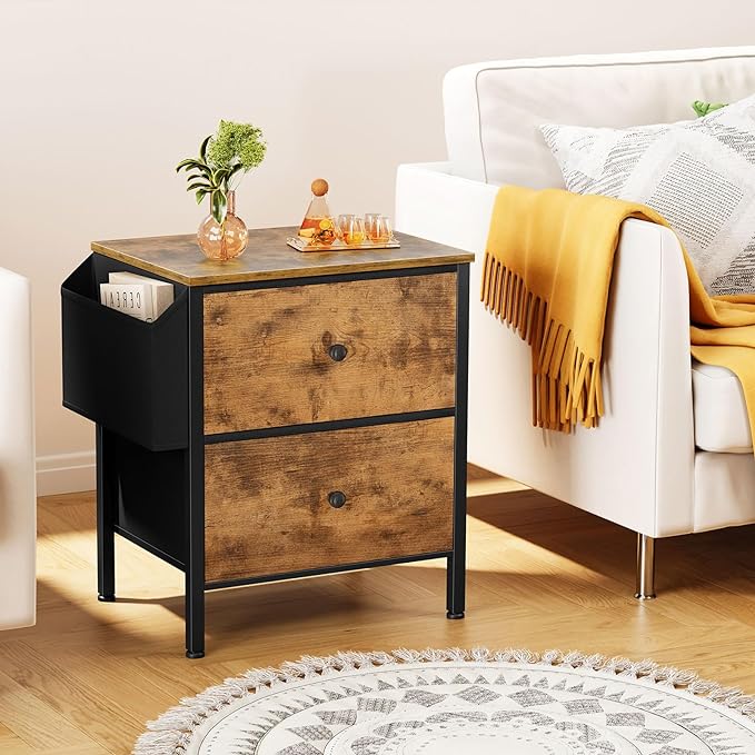 BOLUO Nightstands Set of 2 with Drawers, Small Night Stand with Pocket 2 Drawer Dresser for Bedroom Set End Table Brown - LeafyLoom