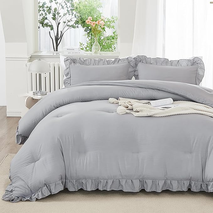 Andency Silver Gray Comforter Set Queen Size, 3 Pieces Shabby Chic Ruffle Bedding Comforter Sets for Queen Bed, Lightweight Fluffy Soft Microfiber Farmhouse Comforter Set - LeafyLoom