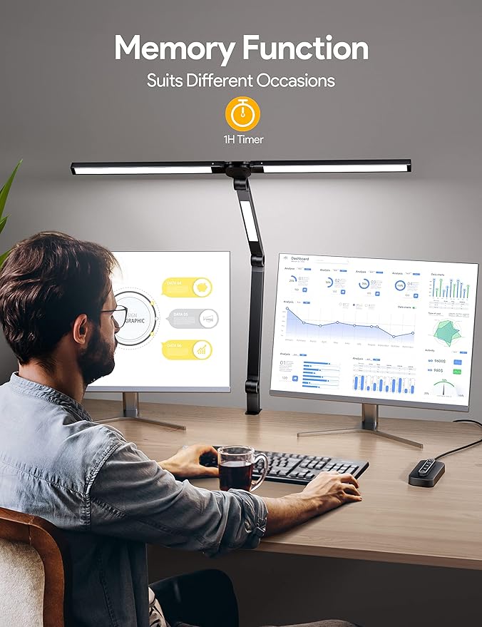 MediAcous LED Desk Lamp with Clamp, 20W Three Lights Desk Light for Home Office, Flexible Swing Arm, Control Box, 4 Color Modes, 4 Brightness, Memory Function, Eye-Caring Clip-on Lamp for Workbench - LeafyLoom