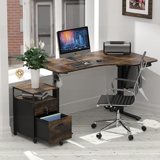 SHW Rolling File Cabinet w/ 2 Drawers & Open Shelf, Rustic Brown - LeafyLoom