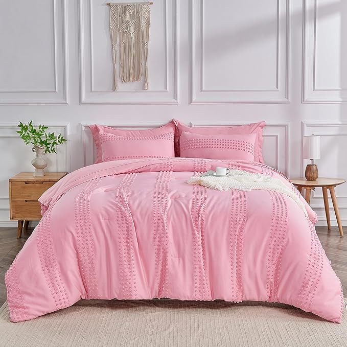 ENJOHOS King Size Comforter Set with Sheets 7 Pieces - Pink King Comforter Set, King Bed in a Bag Set, Boho Tufted Bedding Set with Pom Pom Design, Lightweight Soft Microfiber Comforter Bed Set - LeafyLoom