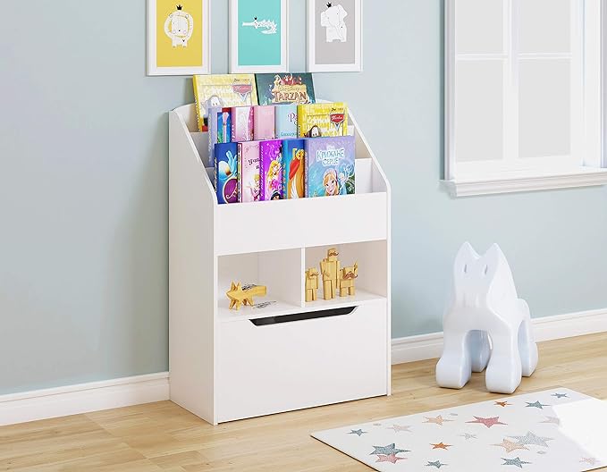 UTEX Bookshelf for Kids, Wooden Book Display, Kids Bookshelf and Toy Storage, Children Book Rack Bookcase Toybox Combo for Bedroom & Nursery, White - LeafyLoom