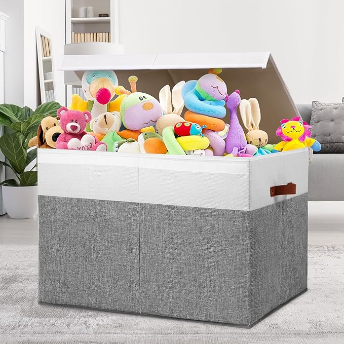 Large Toy Storage Box with Lid, Sturdy Toys Storage Chest Bin Organizer Basket with Dividers for Kids, Boys, Girls, Nursery, Closet, Bedroom, Playroom 26"x17" x17" (Grey and White) - LeafyLoom