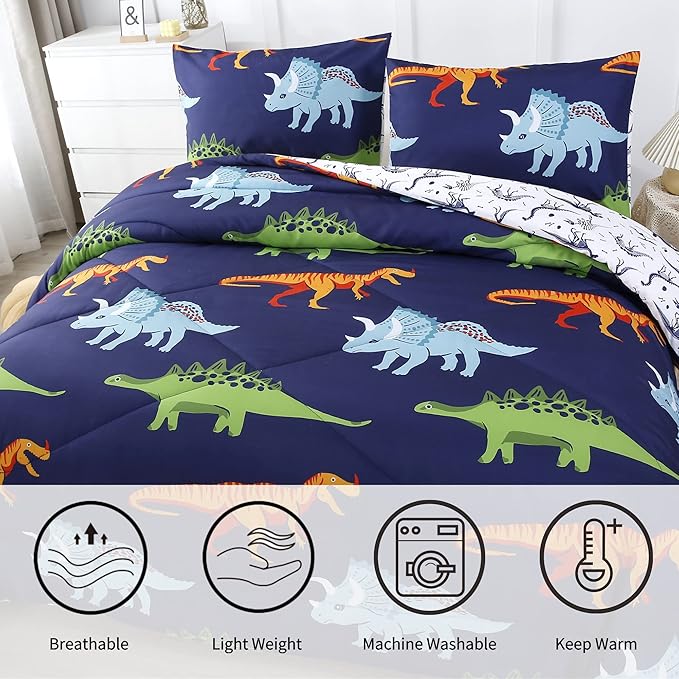 RYNGHIPY Cartoon Dinosaur Comforter Set, Dark Blue Dinosaur Kids Bedding Set for Boys, Dinosaurs Print Comforter Sets for Kids/Toddlers/Teens (Dinosaur,Full) - LeafyLoom