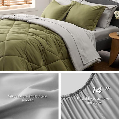 Bedsure Olive Green California King Size Comforter Set - 7 Pieces Reversible Cal Bed in a Bag Bed Set with Comforters, Sheets, Pillowcases & Shams, California King Bedding Sets - LeafyLoom