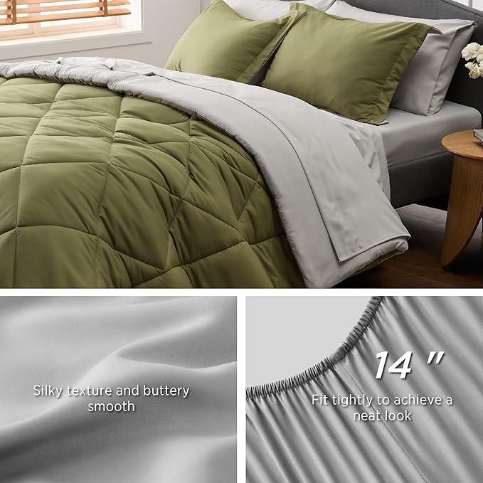 Bedsure Olive Green Twin Comforter Set - 5 Pieces Reversible Twin Bed in a Bag, Extra Long Twin Bed Set with Comforters, Sheets, Pillowcase & Sham, Twin Bedding Sets for College - LeafyLoom