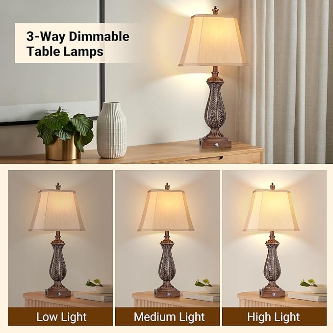 WIHTU 3-Way Dimmable Table Lamps for Bedrooms Set of 2, 30" H Touch Lamps for Living Room with USB & Type-C Ports, Brown Mermaid Bedside Lamp for Nightstand, Resin Farmhouse Rustic Lamp with 2 Bulb - LeafyLoom