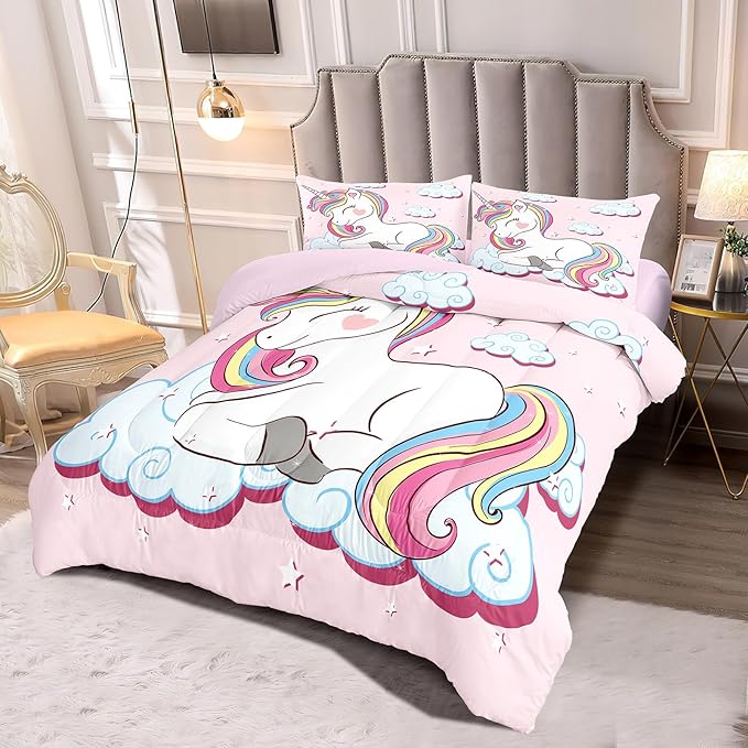 Kids Comforter Bedding Set Twin Size, 3 Piece Super Soft Breathable Print Kids Bedding Sets for Girls, Machine Washable Durable Comforter Set with Comforter and 2 Pillowcases (Twin, Pink Unicorn) - LeafyLoom