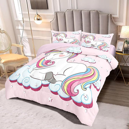 Kids Comforter Bedding Set Twin Size, 3 Piece Super Soft Breathable Print Kids Bedding Sets for Girls, Machine Washable Durable Comforter Set with Comforter and 2 Pillowcases (Twin, Pink Unicorn) - LeafyLoom