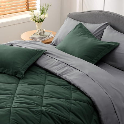 Bedsure Forest Green Twin Comforter Set - 5 Pieces Reversible Twin Bed in a Bag for College, Extra Long Twin Bed Set Forest Green and Grey with Comforters, Sheets, Pillowcase & Sham - LeafyLoom