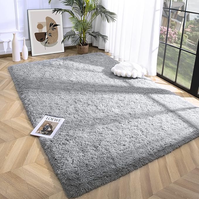 Super Soft Fluffy Shaggy Rugs 4x5.9 Feet for Living Room Bedroom, Fuzzy Plush Area Rugs for Girls Kids Room Nursery Home Decor, Furry Dorm Throw Rug Cute Non-Slip Indoor Floor Carpet, Grey - LeafyLoom