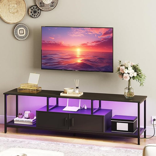 HOOBRO TV Stand with LED Light and Power Outlets for TVs up to 65 Inch, TV Media Console with Double-Door Cabinet, Gaming Entertainment Center for Living Room Bedroom, Black BB148UDS01 - LeafyLoom