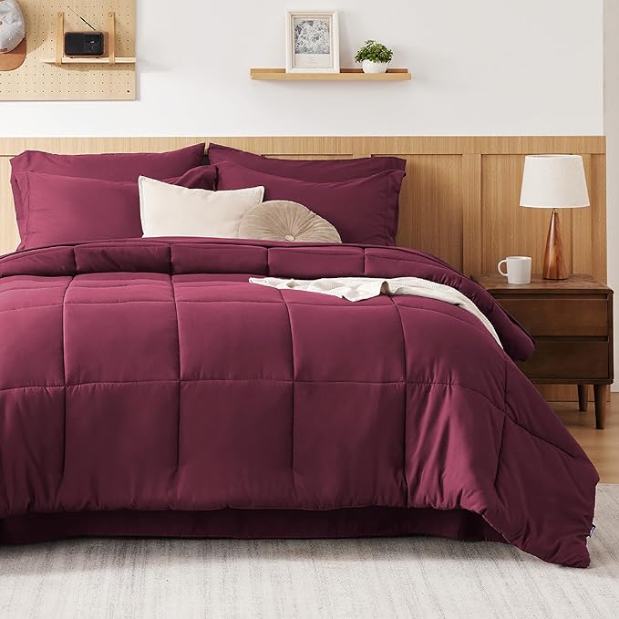 Bedsure Burgundy Twin Comforter Set - 5 Pieces Solid Twin Bed in a Bag, Twin Bed Set Burgundy with Comforters, Sheets, Pillowcase & Sham - LeafyLoom