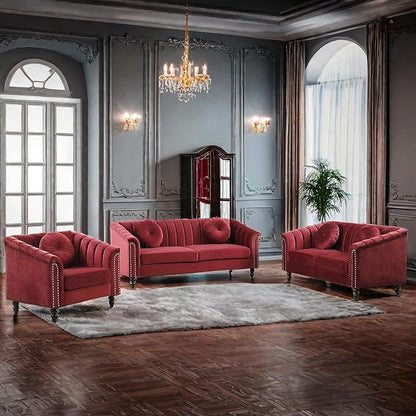 Velvet Loveseat Modern Living Room 3 Piece with Scroll Arms and Nailhead, includes 2 Love-seat Chair & Armchair, Sofa Couch Set Red - LeafyLoom