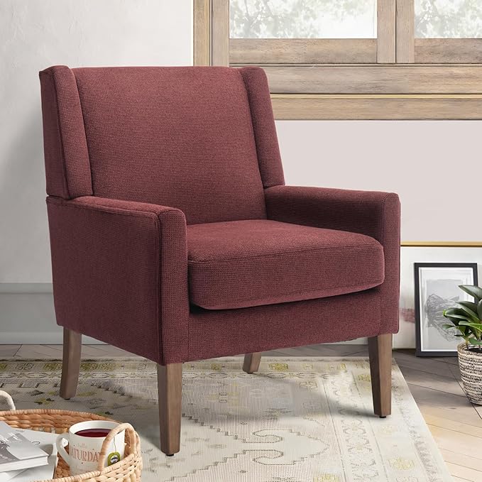 COLAMY Modern Wingback Living Room Chair, Upholstered Fabric Accent Armchair, Single Sofa chair with Lounge Seat and Wood Legs for Bedroom/Office/Reading Spaces, Red - LeafyLoom