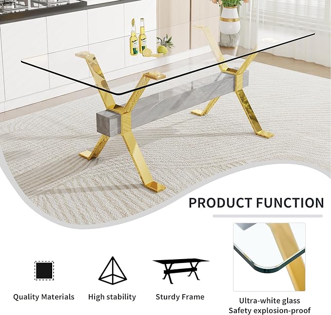 Rectangular Table with Tempered Glass Tabletop,Modern Dinner Desk W/Metal Tubular Legs, Home,Kitchen,Dining Room,Office,Gold, 79" Marble Color Crossbars - LeafyLoom