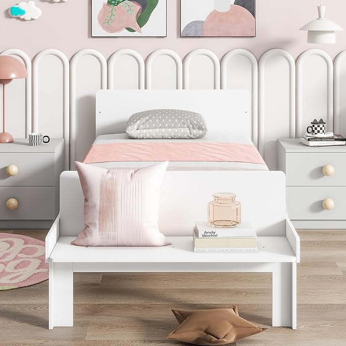 Twin Bed with Footboard Bench, Twin Kid Bed with Headboard, Wood Slat Support, Cute Kid Bed Frame with Book Storage Space, Twin Car Bed for Boys Girls Bedroom, No Box Spring Needed, White - LeafyLoom