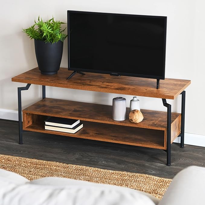 Household Essentials Crown TV Stand with Rectangular Storage Compartment Rustic Hickory Wood Grain and Black Metal - LeafyLoom