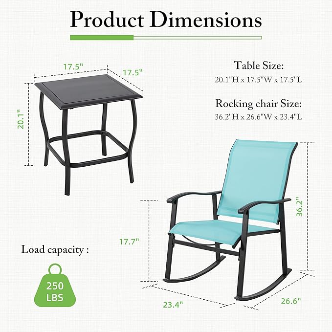 Shintenchi 3 Piece Rocking Bistro Set, Outdoor Furniture with Rocker Chairs and Glass coffee table set of 3, Balcony, Porch Furniture for Small Space, Blue - LeafyLoom