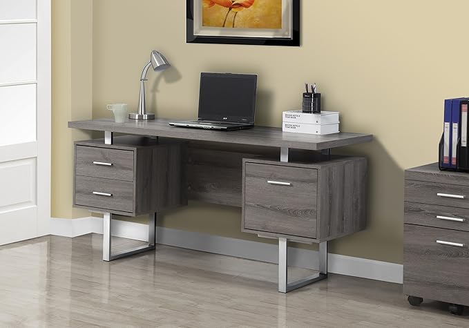 Monarch Specialties Dark Taupe Reclaimed-Look/Silver Metal Office Desk, 60-Inch - LeafyLoom