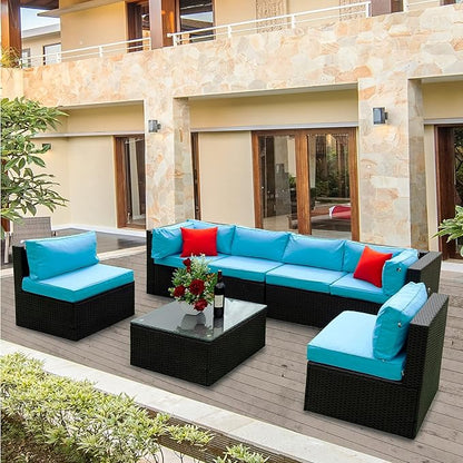 5 Pieces Outdoor Furniture PE Rattan Patio Sectional U Shaped Conversation Sofa Set with Table and 2 Pillows for Garden, Yark, Lawn, Backyard, Onesize, Black Wicker+Blue Cushion - LeafyLoom