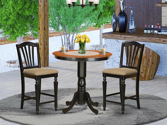 East West Furniture JACH3-BLK-C 3 Piece Counter Height Dining Table Set Contains a Round Wooden Table with Pedestal and 2 Linen Fabric Kitchen Dining Chairs, 36x36 Inch, Black & Cherry - LeafyLoom