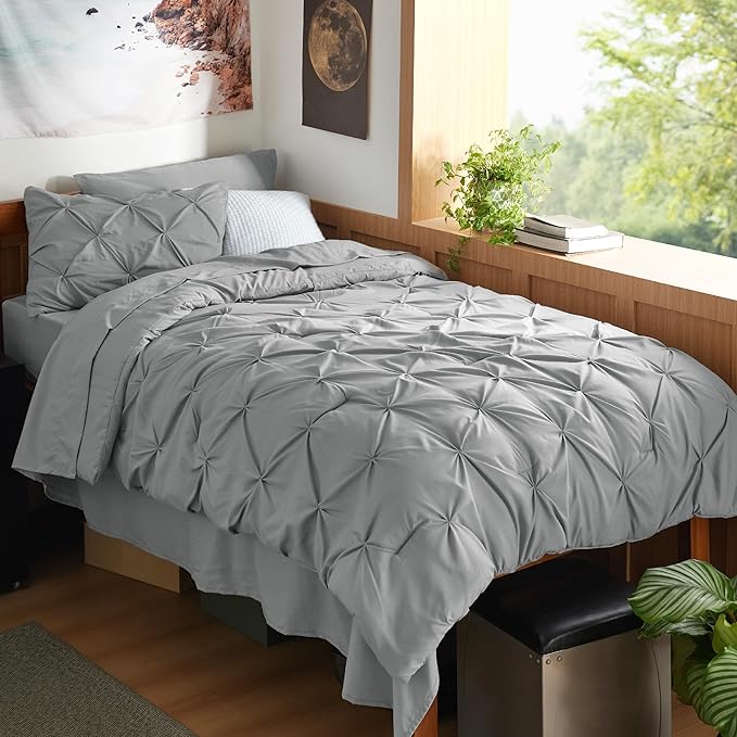 Bedsure Twin XL Comforter Set - Extra Long 5 Pieces Dorm Bedding Sets, Pinch Pleat Grey Bed in a Bag with Comforter, Sheets, Pillowcase & Sham - LeafyLoom