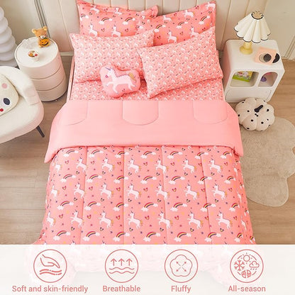 Mooreeke Twin Size Comforter Sets for Girls Kids, 6 Pieces Bed in a Bag Pink Unicorn Rainbow Bedding Comforter Sheet Set with Shams and Decorative Toy Pillow, Ultral Soft Microfiber Kids Bed Set - LeafyLoom