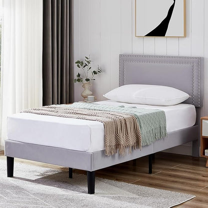 VECELO Twin Size Platform Bed Frame with Adjustable Upholstered Headboard, Modern Mattress Foundation, Strong Wood Slat Support, No Box Spring Needed, Easy Assembly - LeafyLoom