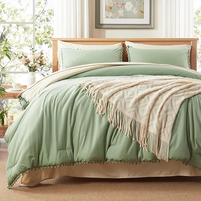 Anluoer King Comforter Set 7 Piece, Sage Green Bed in a Bag with Sheets, Pom Pom Boho Bedding Comforter Sets with 1 Comforter, 2 Pillow Shams, 2 Pillowcases, 1 Flat Sheet, 1 Fitted Sheet - LeafyLoom