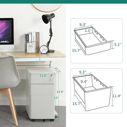 YITAHOME 3-Drawer Metal Filing Cabinet Office Drawers with Keys, Compact Slim Portable File Cabinet, Pre-Built Office Storage Cabinet for A4/Letter/Legal (Gray and White) - LeafyLoom