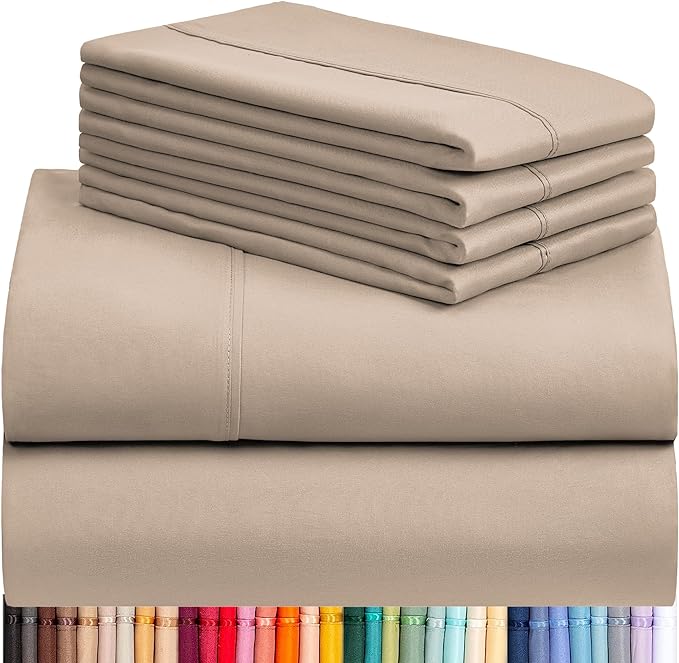 LuxClub 6 PC California King Sheet Set, Breathable Luxury Bed Sheets, Deep Pockets 18" Wrinkle Free Cooling Sheets Machine Washable Hotel Bedding Silky Soft - Light Khaki Cal King - LeafyLoom