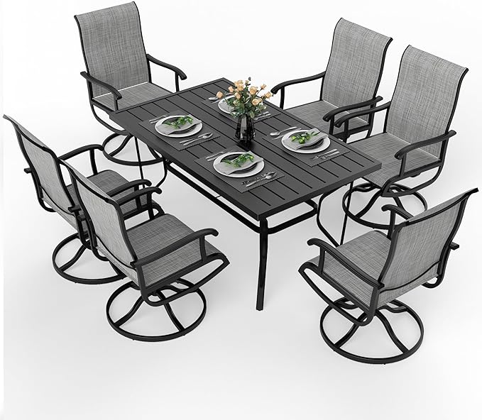 Pamapic 7 Pieces Patio Dining Set, Outdoor Dining Set All-Weather for Backyard Poolside Garden Deck, Modern Outdoor Table and Chairs Set with 6 Textilene Swivel Chairs,Gray - LeafyLoom