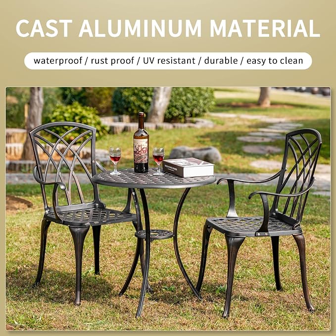 3 Piece Patio Bistro Set Outdoor Bistro Table Set Anti Rust Bistro Table and Chairs w/Umbrella Hole, Durable Patio Set for Porch, Balcony - LeafyLoom