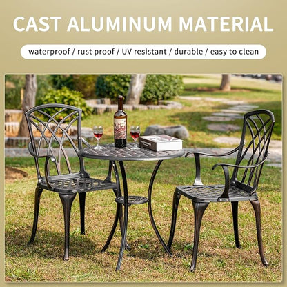 3 Piece Bistro Patio Set Cast Alumiunm Patio Furniture Set,All Weather Bistro Table and Chairs Set of 2 with 1.97" Umbrella Hole,Outdoor Patio Bistro Sets for Garden（Antique Bronze） - LeafyLoom