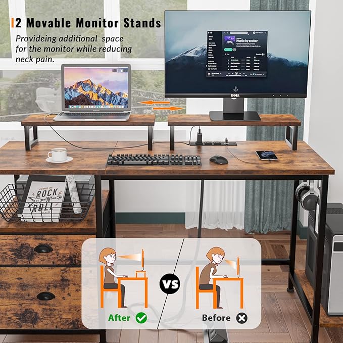 Furologee Computer Desk with Drawer and Power Outlets, 47" Office Desk with 2 Monitor Stands and Fabric File Cabinet, Writing Gaming Table with Shelves and 2 Hooks for Home Office, Rustic Brown - LeafyLoom