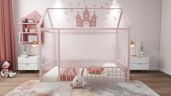 RITSU Twin Size Montessori Floor Bed, Metal House Bedframe with Fence, Robust Construction is Used, for Children'S Rooms, Boys Girls, No Box Spring Needed, Easy Assembly, Pink - LeafyLoom