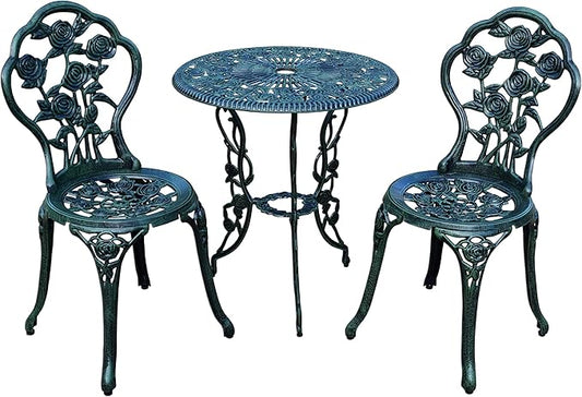 Oakland Living Cast Aluminum Conversation Metal Antique 3 Piece Patio Rose Bistro Set, Verdi Green - LeafyLoom