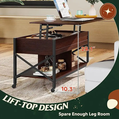 WLIVE Coffee Table, 41" Lift Top Coffee Table with Hidden Compartment, Multi-Function Coffee Table with 4 Wheels and 2 Storage Shelves for Living Room and Bedroom, Espresso - LeafyLoom