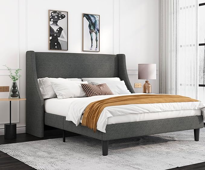 Allewie Full Size Bed Frame, Platform Bed Frame with Upholstered Headboard, Modern Deluxe Wingback, Wood Slat Support, Mattress Foundation, Light Grey - LeafyLoom