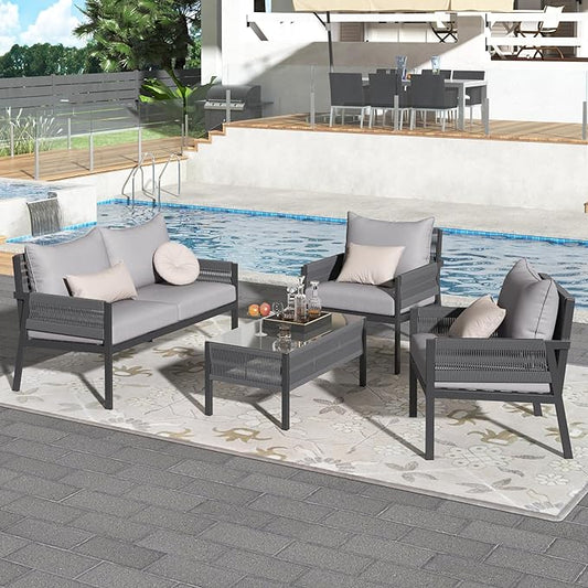 4-Piece Patio Conversation Furniture Set, Rope Weave Outdoor Loveseat Sofa with 2 Armchairs, Thick Cushion&Tempered Glass Table, for Garden Backyard, Onesize, Gray - LeafyLoom