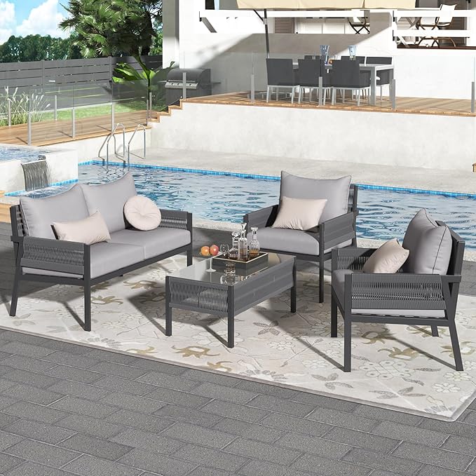 4 Piece Patio Furniture Set, Outdoor FSC Certified Acacia Wood Conversation Set, All-Weather Rope Sofa Set w/Tempered Glass Table, Loveseat for Lawn Balcony Poolside, Backyard, Backyard - LeafyLoom