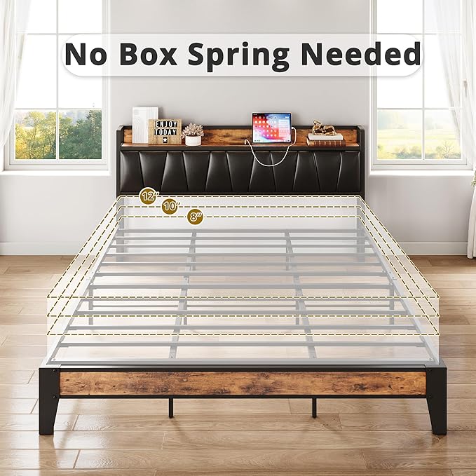 LIKIMIO California King Bed Frame, Storage Headboard with Charging Station, Solid and Stable, Noise Free, No Box Spring Needed, Easy Assembly (Vintage and Black) - LeafyLoom