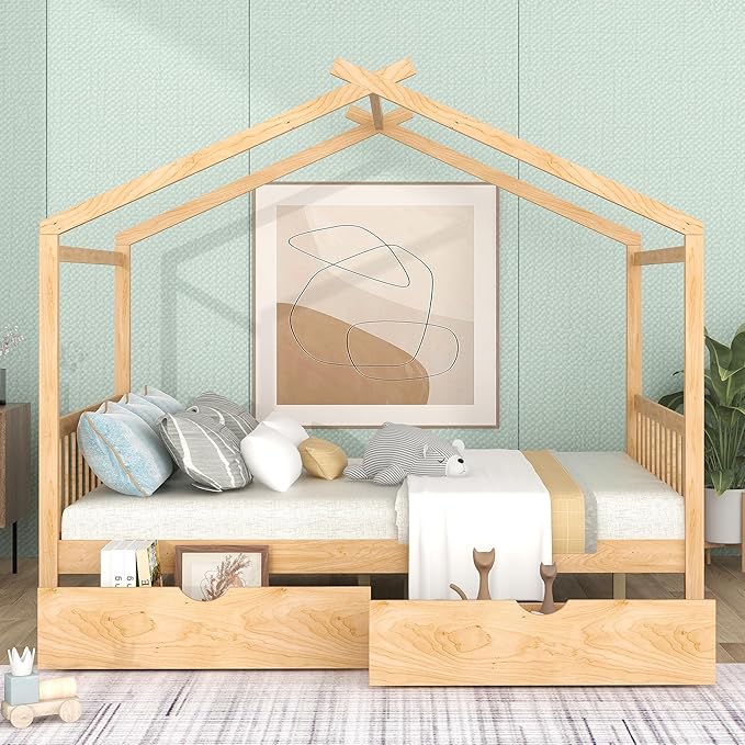 Full Bed Frame with Headboard and Footboard, Low House Bed/Full Bed Frame with Storage Drawer, Wood Bed Frame for Kids, Girls, Boys, Teens, Full Bed Frame Natural - LeafyLoom