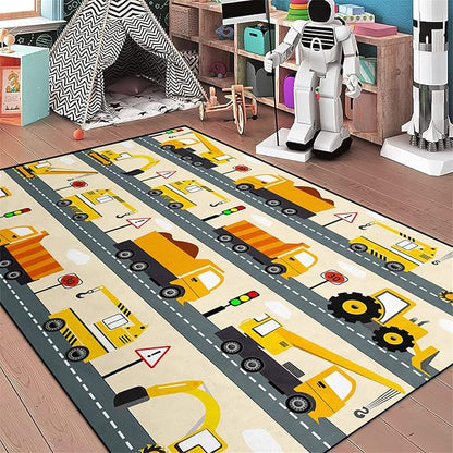 Construction Rug Car Rug Construction Rugs for Boys Room Cartoon Truck Area Rug Construction Play Mat Car Rug for Boys Room Construction Decor for Boys Room 4'5''×6' - LeafyLoom