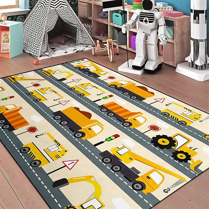 Construction Rug Car Rug Construction Rugs for Boys Room Cartoon Truck Area Rug Construction Play Mat Car Rug for Boys Room Construction Decor for Boys Room 2'5''×4' - LeafyLoom