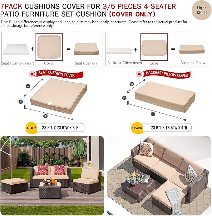 ClawsCover 7Pack Outdoor Seat and Back Cushions Replacement Covers Fit for 3/5 Pieces 4-Seater Wicker Rattan Patio Furniture Conversation Set Sectional Couch,Light Khaki-Small (Include Cover Only) - LeafyLoom