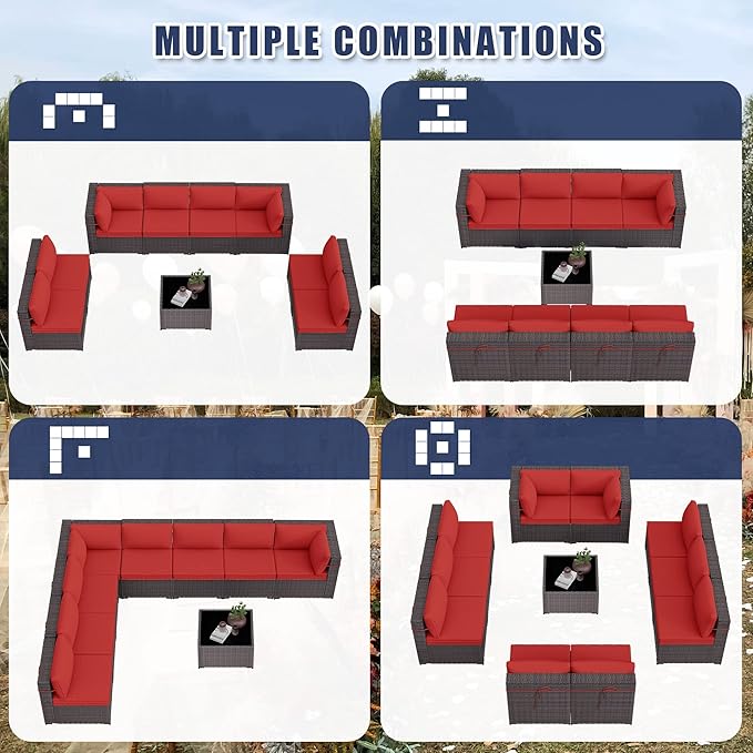 Patio Furniture Set 9-Pieces Outdoor Furniture for Backyard Wicker Sectional Sofa Set, Rattan Patio Conversation Set with Thickened Cushions and Glass Coffee Table, Red - LeafyLoom